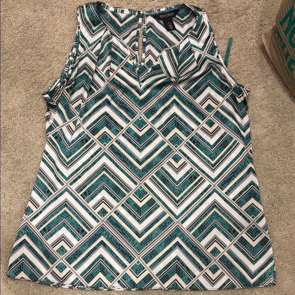 White House Black Market Green, Tan, Black, and White Geometric Blouse - M